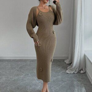 Coffee Brown Casual Women's Floral Camisole Sweater Dress And Cardigan Set